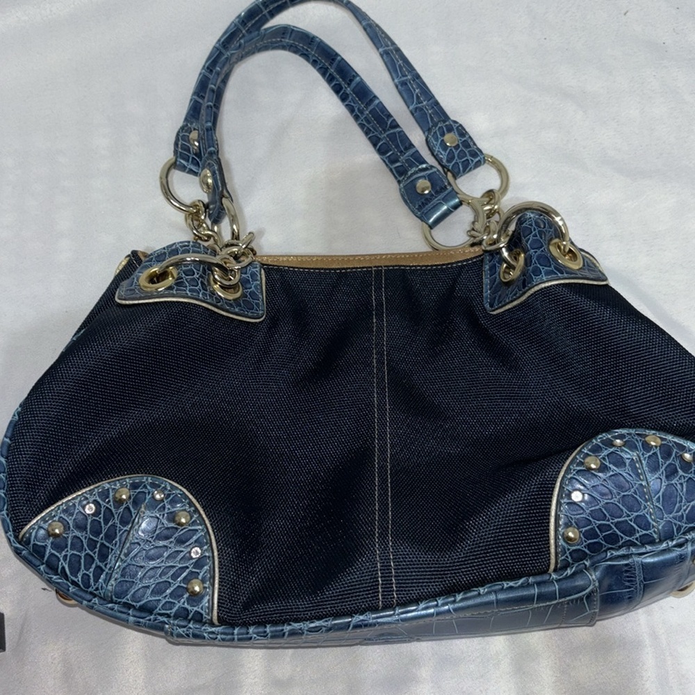 Kathy Van Zeeland Navy Canvas Faux Croc Double Strap Satchel Shoulder Bag Y2K - Picture 13 of 15